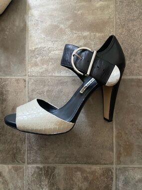 Karl Lagerfeld Black and Cream Croc-Textured High Heel Sandal with Buckle
